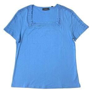 Rafaella Square Neck Top Crochet Trim Short Sleeve Casual Blue L / #5405